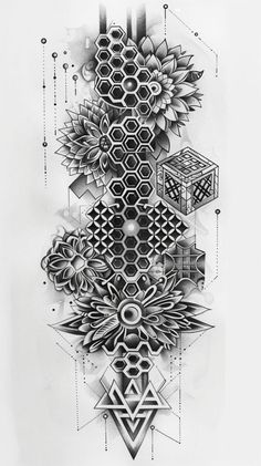 a black and white drawing of an abstract design with geometric shapes, lines, and flowers