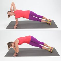 a woman is doing a plank exercise on a gray mat with purple and pink leggings