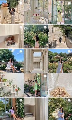 many pictures of people in different rooms and gardens