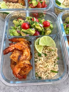 four plastic trays filled with different types of food and veggies on the side