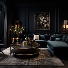 a living room with black walls and blue couches in the center, surrounded by gold accents