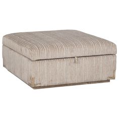 the footstool is made out of wood and has a beige stripe pattern on it