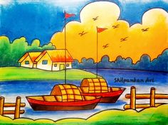 a painting on the side of a wall with a boat and house in the background