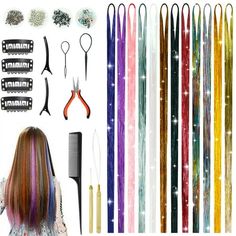 Hair tinsel kit with Tools: You will receive 12 different colors of braids and various accessories: 1 wooden crochet hook, 1 red pliers, 1 comb, 1 hair piercer, 2 hairpins, 2 hair clips, 4 BB clips, 1 pack of colored rubber bands, and 3 packs of miniature silicone chain beads (black, beige, and brown). Various colors of hair: Our hair comes in 12 different colors: dark purple, light purple, fantasy pink, white, silver, coffee, black, light pink, tri color, rainbow, gold, star gold. Whether atten Tinsel Hair Extensions, Tinsel Hair, Wooden Crochet Hooks, Feather Extensions, Feather Hair Extensions, Hair Tinsel, Fairy Hair, Tools For Women, Curly Ponytail