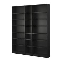 a black bookcase with four shelves on the front and two doors in the back