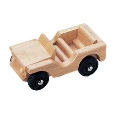 a wooden toy truck with black wheels