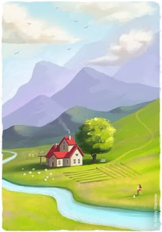 a painting of a house in the middle of a green field with mountains behind it