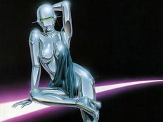 a futuristic woman sitting on top of a white object