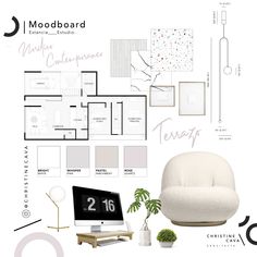 the mood board is full of white furniture and decor items, including a chair, desk,