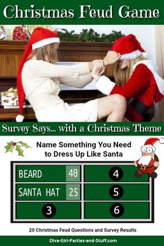 a poster with santa and mrs claus on the front, says christmas feud game