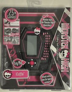 an electronic device with pink and black designs on the front, in a plastic package