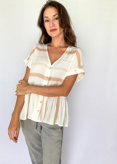 The Tiny Details Khaki Striped Button Down Short Sleeve Top V-neck Tops With Button Closure For Day Out, V-neck Beach Top With Button Closure, V-neck Top With Buttons For Day Out, Summer V-neck Tops With Buttons, Casual Spring V-neck Top With Short Sleeves, Spring Short Sleeve V-neck Top For Day Out, Spring V-neck Short Sleeve Top For Day Out, Casual Short Sleeve V-neck Top For Day Out, Summer Vacation V-neck Short Sleeve Top