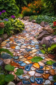 boho garden pathway by colorful stones Creative Rock Garden Ideas, Potting Ideas, Rustic Garden Path, Creative Garden Paths Walkway Ideas, Dream Garden Ideas, Vintage Outside Decor, Garden Outdoor Ideas, Boho Pathway, Stone Pathway Ideas