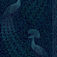 two peacocks are standing next to each other on a blue background with ornate designs