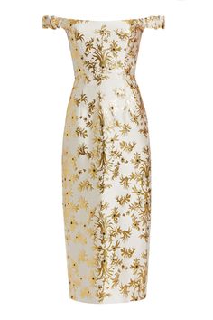 Amina Floral Brocade Midi Dress | Over The Moon White And Gold Dress, White Gold Dress, Column Gown, Lela Rose, Bridal Fashion Week, Silk Brocade, The Cosmos, Exposed Zipper, Dress 16