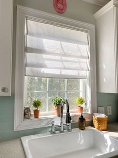 a kitchen sink under a window with blinds on the windowsill and potted plants next to it