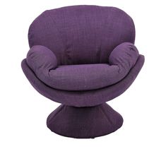 the egg chair is in purple linen