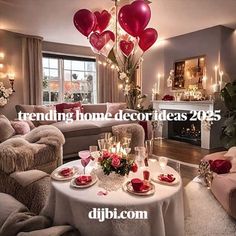 a living room decorated for valentine's day with candles and heart - shaped balloons