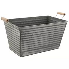 a large metal container with wooden handles on the top and bottom, sitting in front of a white background