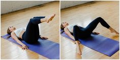 a woman is doing yoga on a blue mat