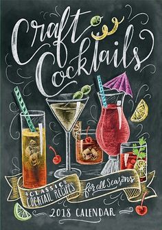 a chalkboard drawing of cocktails on a blackboard with the words crafty cocktails