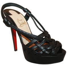 Christian Louboutin Black Strappy Leather Platform Heels - 36. These shoes are in excellent condition and have never been worn. The front section has a woven design to it by the toe. Platform Height- 1" Heel Height- 5" Tennis Shoe Heels, Louboutin High Heels, Strappy Platform Heels, Chic High Heels, Unique Heels, Christian Louboutin Boots, Strappy Platform Sandals, Christian Louboutin Heels, Unique Shoes