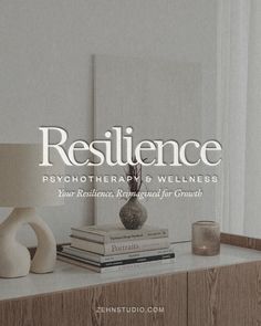 the front cover of resilince, featuring books and a lamp on a dresser