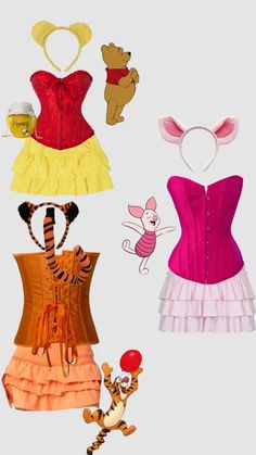 there are many different costumes on this white background, including winnie the pooh and tigger