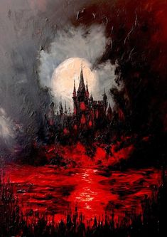 a painting of a castle in the sky with red light coming from it's windows