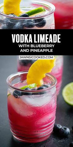 vodka limeade with blueberry and pineapple is served in small glasses on a black table