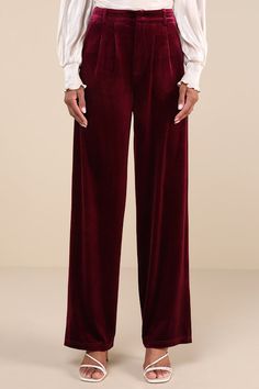 Introduce the Lulus Posh Idea Plum Velvet High-Rise Straight Leg Trouser Pants to your wardrobe this season to create a whole new range of ensembles! Plush velvet shapes these trend-setting pants that have a high-rise, banded waist, belt loops, and hidden clasp closure above a zipper fly. The straight, ankle-length pant legs boast tailored pleated detailing, diagonal front pockets, and decorative welt pockets at the back. Style with some strappy heels for a fun and sleek going out 'fit! Fit: This garment fits true to size. Length: Floor length. Size medium Inseam: 32.25 Front Rise: 12.50 Waist: Fitted - very fitted at natural waist. Hip: Loosely Fitted. Fabric: Fabric is very stretchy. Unlined. 95% Polyester, 5% Spandex. Hand Wash Cold. Do Not Bleach. Line Dry. Iron Low Heat. Imported. Lul Plum Velvet, What Is Trending Now, Velvet Trousers, Lulu Fashion, Soft Classic, Velvet Pants, Ankle Length Pants, Straight Leg Trousers, Dresses Shoes