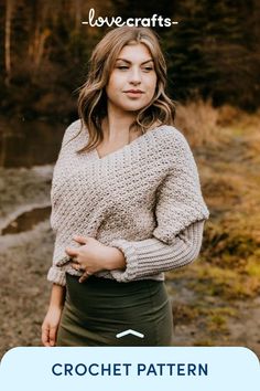 a woman wearing a sweater and skirt with the words crochet pattern on it