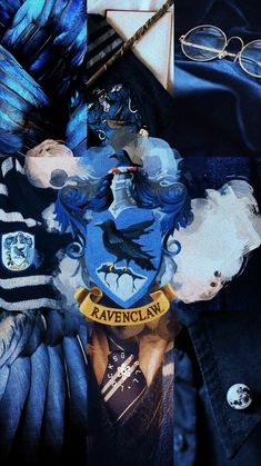 a close up of a tie and glasses on a blue cloth with an image of ravenclan