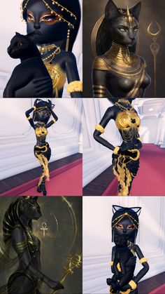 four different pictures of black cats with gold chains on their heads and body, in various poses