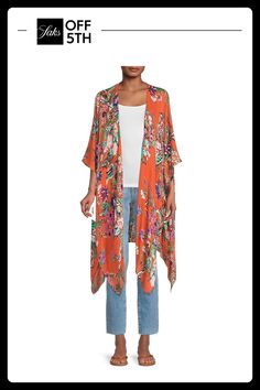 This Breezy Ruana Is Enlivened With A Colorful Floral Print. Collarless Kimono Sleeves Open Front Asymmetric Hem Rayon Hand Wash Imported Size & Fit About 46" From Shoulder To Hem Model Shown Is 5'10" (177cm). Center Core - Soft Accessories > Saks Off 5th. Saachi. Color: Orange. Soft Accessories, Kimono Sleeves, Kimono Sleeve, Cool Clothes, Boho Clothing, Asymmetric Hem, Boho Outfits, Front Open, Color Orange