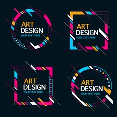 four different logos with colorful lines and shapes on black background, including the letter art design