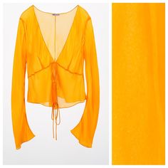 Nwt. Zara Orange Viscose Tie V-Neck Shirt With Long Flared Sleeves, Ties From The Same Fabric. Size L. Ref. 3481/933. Pit To Pit 22" Flat, Shoulders 18", Sleeves 27,5", Length 23". 1058 Vacation Viscose V-neck Tops, Spring Viscose V-neck Top, Trendy Long Sleeve V-neck Top For Summer, Summer Long Sleeve Party Tops, Viscose V-neck Blouse, Viscose V-neck Top For Day Out, Vacation V-neck Viscose Tops, Casual V-neck Top In Viscose For Summer, Casual Viscose V-neck Top For Summer