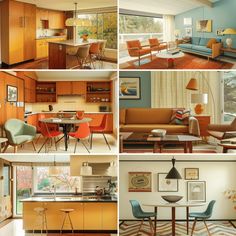 four pictures of different types of furniture in a living room, kitchen and dining area