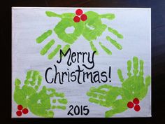 a handprinted christmas card with green hands and the words merry christmas on it