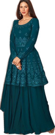 Blue Floor-length Sharara With Chikankari Embroidery, Floor-length Blue Sharara With Chikankari Embroidery, Blue Embroidered Georgette Sharara, Floor-length Blue Georgette Sharara, Blue Floor-length Georgette Sharara, Blue Resham Embroidered Georgette Sharara, Semi-stitched Blue Georgette Sharara, Blue Sharara With Dabka Work In Georgette, Blue Georgette Sharara With Dabka Work