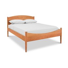 a wooden bed frame with white sheets and pillows on top of the headboard, in front of a white background