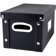 a black storage box with white trim on the front and bottom, has a hole in the middle