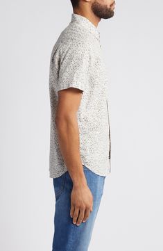 Made from a breezy linen blend, this short-sleeve button-up features a handy chest pocket and an allover abstract pattern. 29" length; 42" chest (size Medium) Front button closure Point collar Short sleeves Chest patch pocket Curved hem 55% linen, 45% rayon Machine wash, line dry Imported Spring Patterned Short Sleeve Shirt With Camp Collar, Patterned Short Sleeve Shirt With Camp Collar For Spring, Patterned Short Sleeve Shirt With Relaxed Fit For Spring, Casual Floral Print Button-up Short Sleeve Shirt, Patterned Short Sleeve Shirt For Spring, Summer Button-up Short Sleeve Shirt With All Over Print, Spring Short Sleeve Shirt With Relaxed Fit And Print, Printed Relaxed Fit Short Sleeve Shirt For Spring, Summer Short Sleeve Button-up Shirt With All Over Print