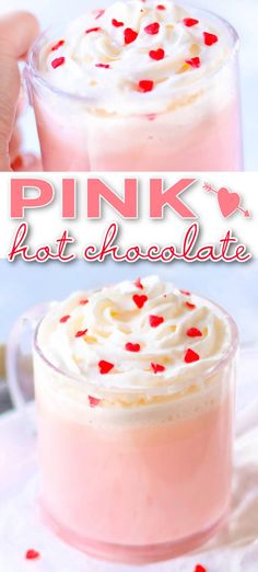 pink hot chocolate drink with whipped cream and sprinkles