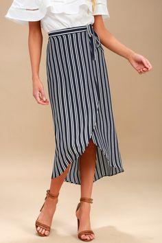 Start Anew Blue and White Striped Wrap Midi Skirt 8 Blue Lined Midi Wrap Skirt, Elegant Striped Midi Skirt, Striped Relaxed Midi Skirt, Vacation Striped Lined Skirt, Blue Relaxed-fit Midi Pencil Skirt, Beige Midi Skirt, Leopard Print Pencil Skirt, Dressy Attire, Midi Wrap Skirt