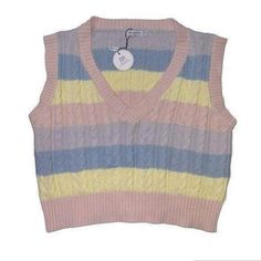 NEW Stradivarius Rainbow Fisherman Cable Knit Sweater Vest US M School Academia Aesthetic, Y2k Colorful, Cable Knit Sweater Vest, Rainbow Retro, Pink Vest, Rainbow Candy, Striped Vests, Knit Sweater Vest, Blue Tweed