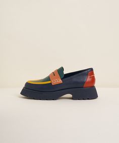 A colorblocked preppy Leather navy blue platform loafer by Charlotte Stone Shoes. Charlotte Stone, Happy Shoes, Collegiate Style, Statement Shoe, Platform Loafers, Shoe Inspo, By Charlotte, Shoe Closet, Colored Leather