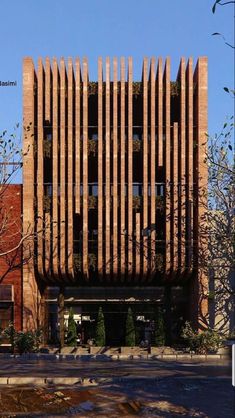 the building is made out of wood and has vertical slats on it's sides