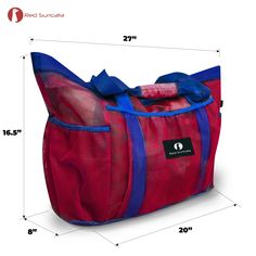 a red bag with blue straps and measurements