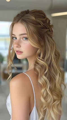 The Half-Up, Half-Down Curls hairstyle is the perfect mix of elegance and playfulness for homecoming. It adds volume while showing off your curls in a fun, flirty way. Click the pin and follow us for more beautiful homecoming hairstyle ideas! #HomecomingHair #HalfUpHalfDown #CurlyHair #FormalHairstyle #HairGoals Half Up Half Down With Braids Hairstyles, Hairstyles With A Crown Half Up, Hairstyles Ideas For Prom, Long Hair Curls Hairstyles, Curls Updo Hairstyles, Hairstyles For Less Volume Hair Women, Curls And Braids, Wedding Hair Western, Curls Hairstyles For Wedding